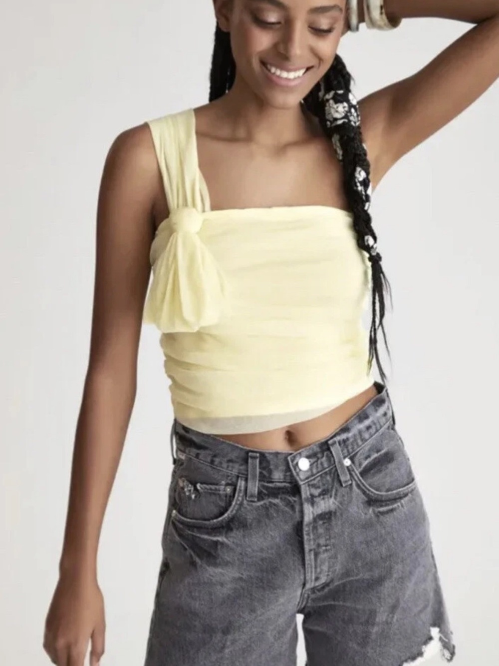 Anthropologie Maeve Tulle One Shoulder Yellow Cropped Ruched Boho Top XL